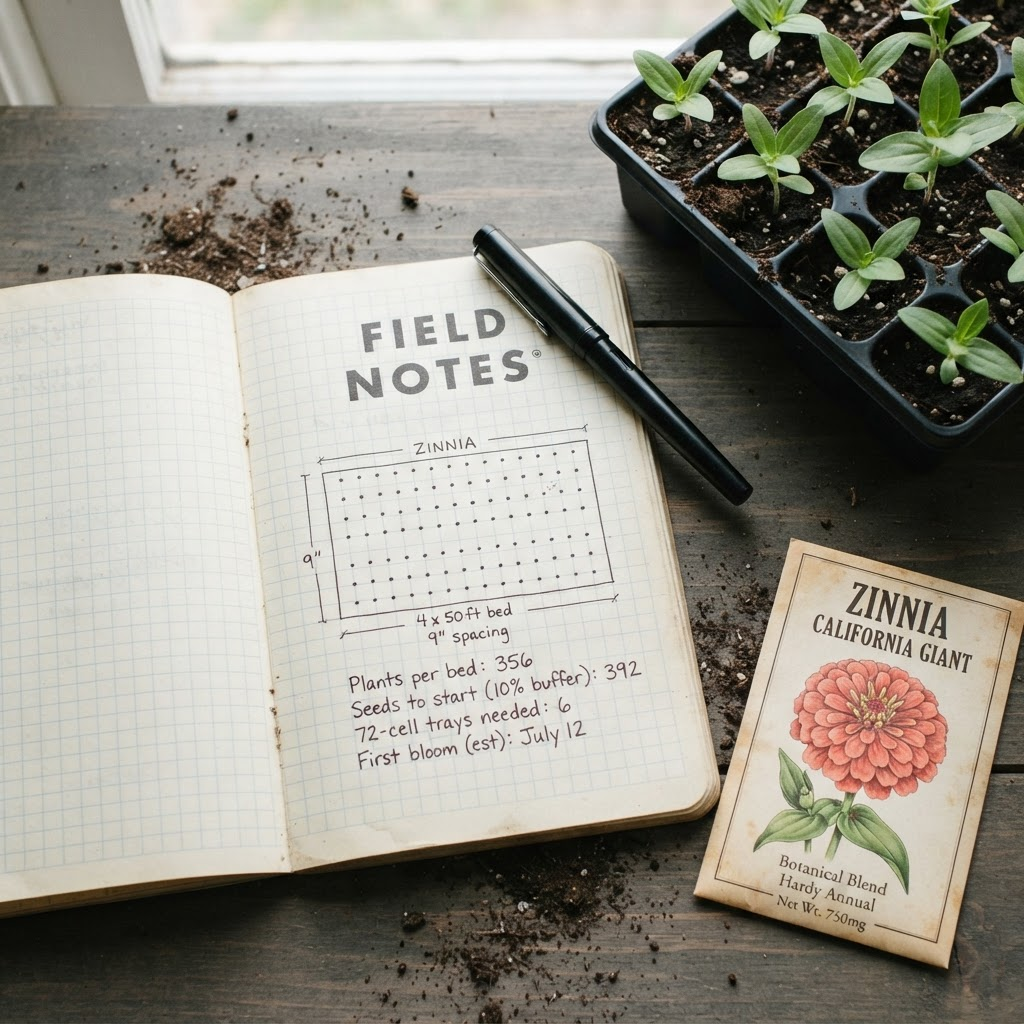 A field notebook with a hand-drawn zinnia bed diagram, spacing measurements and calculated plant counts, beside a seedling tray and a vintage zinnia seed packet.